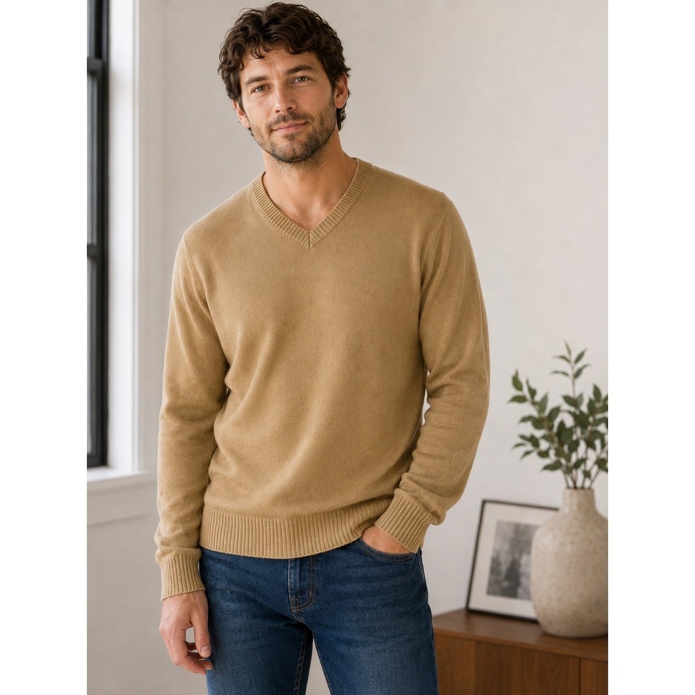 Hugo Boss Conrad Mens Tan Beige V-Neck 100% Cotton Knit Sweater Large L Logo